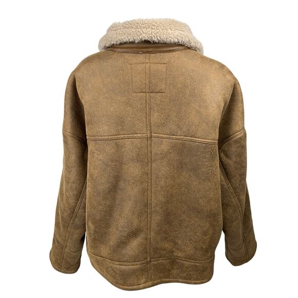 Lucky Brand Brown Suede Faux Shearling Asymmetric Button Moto Jacket Coat Sz XL - Picture 2 of 5